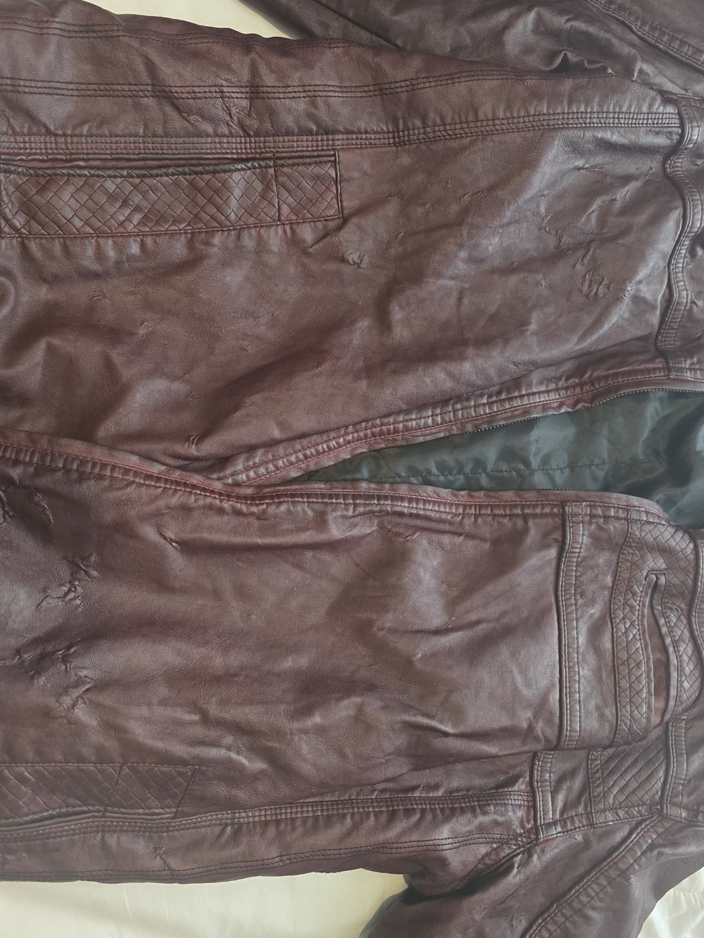 BKE Men's Burgundy Leather Jacket with Woven Trim